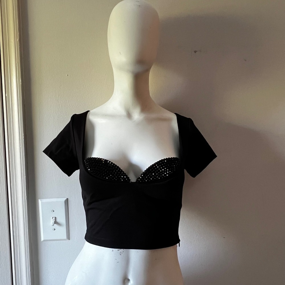 AREA Black Crystal Embellished McBling Club Bustier Corset Crop Top Y2K Party S